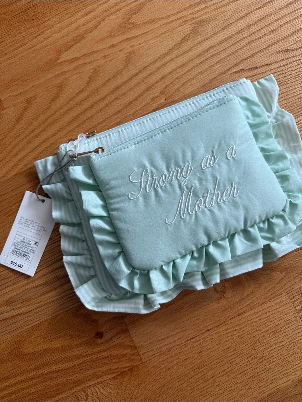 Strong as a Mother Ruffle Cosmetic Pouch - Mint